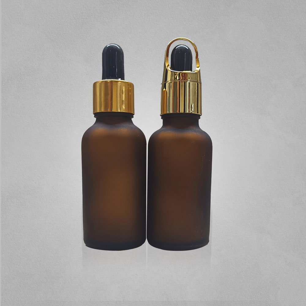 30ML AMBER FROSTED GLASS BOTTLE WITH BASKET DROPPER & NORMAL DROPPER SET.