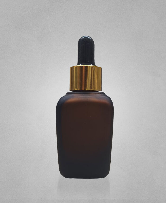 30ML AMBER FROSTED SQUARE GLASS BOTTLE WITH 18MM BLACK GOLDEN DROPPER