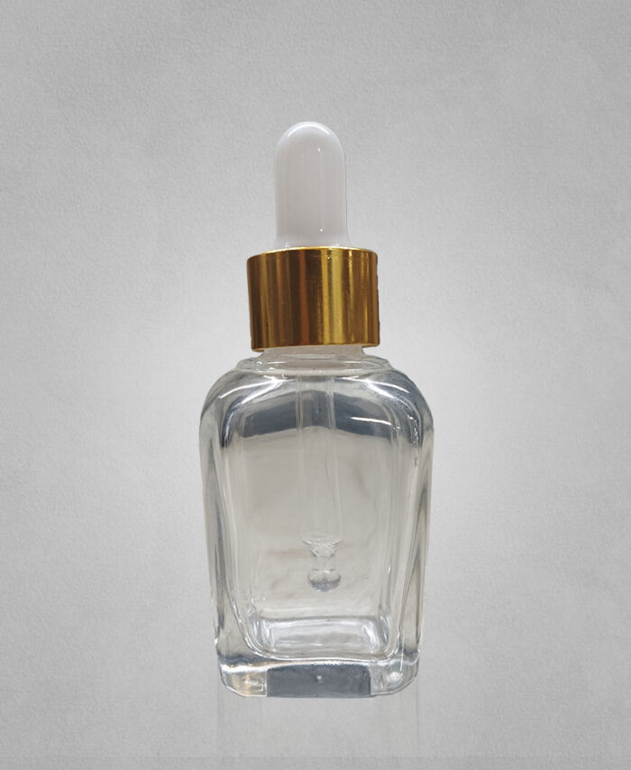 30ML CLEAR SQUARE GLASS BOTTLE WITH 20MM WHITE GOLDEN DROPPER
