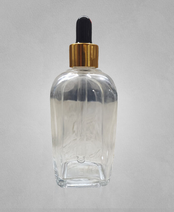 100ML CLEAR SQUARE GLASS BOTTLE WITH 18MM BLACK GOLDEN DROPPER