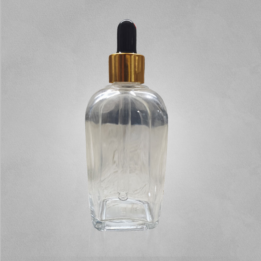 100ML CLEAR SQUARE GLASS BOTTLE WITH 18MM BLACK GOLDEN DROPPER