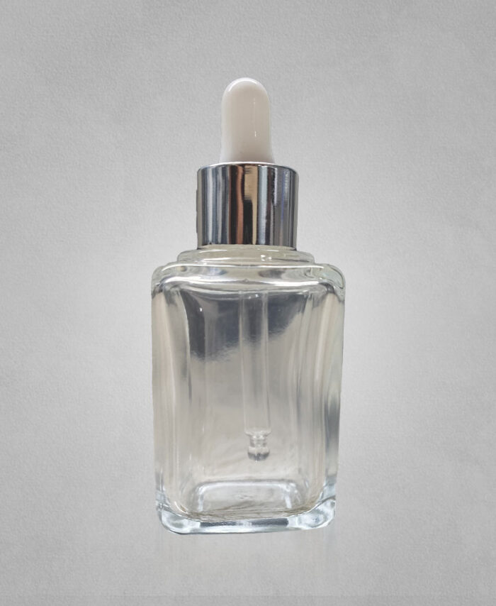 30ML CLEAR SQUARE GLASS BOTTLE WITH 20MM WHITE SILVER DROPPER