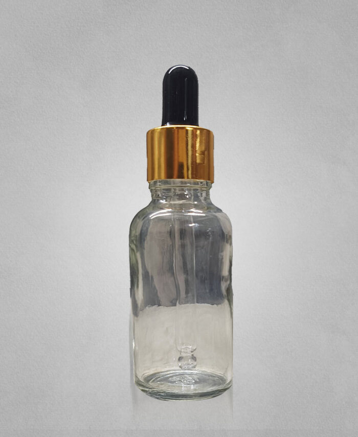 30ML CLEAR GLASS BOTTLE WITH 18MM BLACK GOLDEN DROPPER