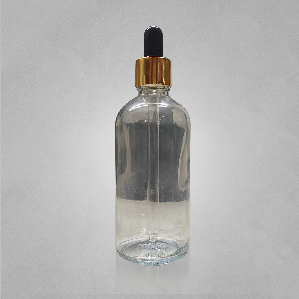 100ML CLEAR GLASS BOTTLE WITH 18MM BLACK GOLDEN DROPPER