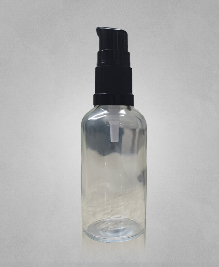50ML CLEAR GLASS BOTTLE WITH 18MM BLACK SERUM PUMP