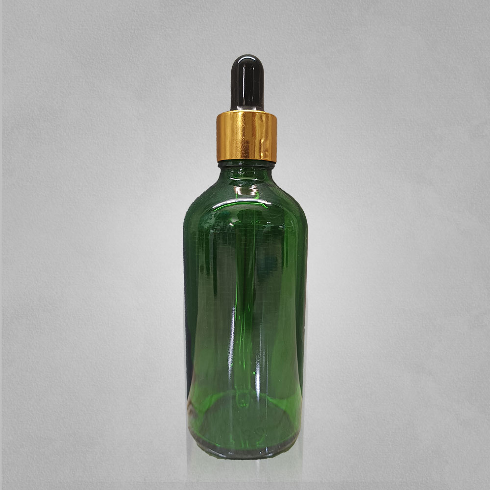 100ML TR-GREEN GLASS BOTTLE WITH 18MM BLACK GOLDEN DROPPER