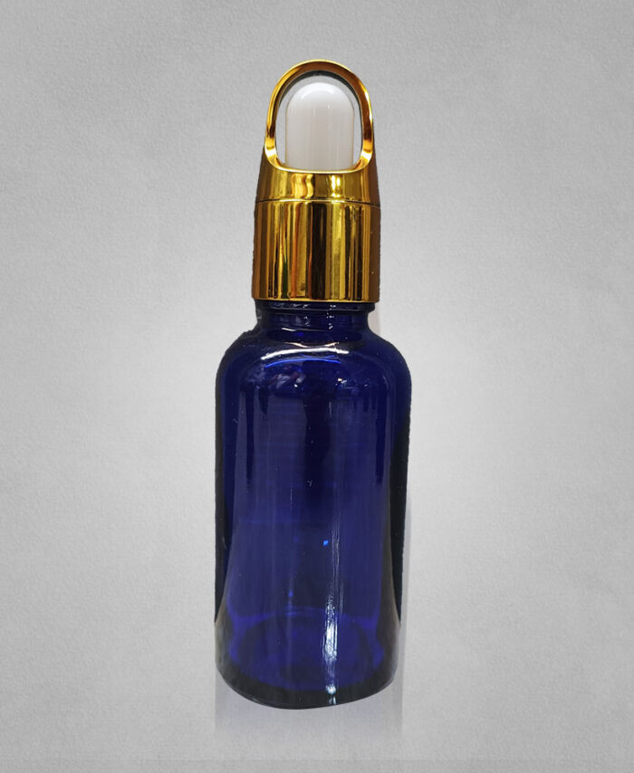 30ML BLUE GLASS BOTTLE WITH 18MM WHITE GOLDEN BASKET DROPPER