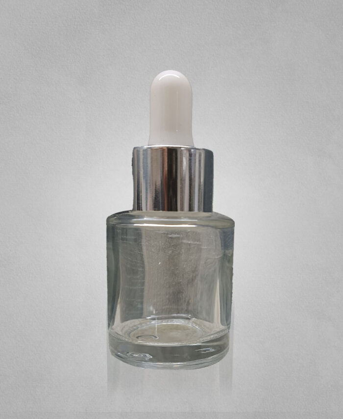 20ML FLAT SHOULDER BOTTLE-CLEAR WITH 20MM WHITE SILVER DROPPER