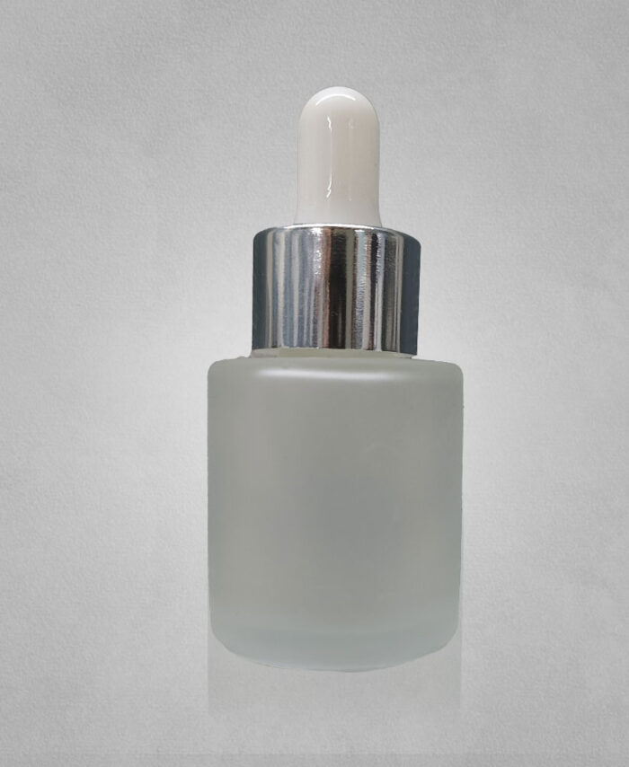 20ML FLAT SHOULDER BOTTLE-FROSTED CLEAR WITH 20MM WHITE SILVER DROPPER