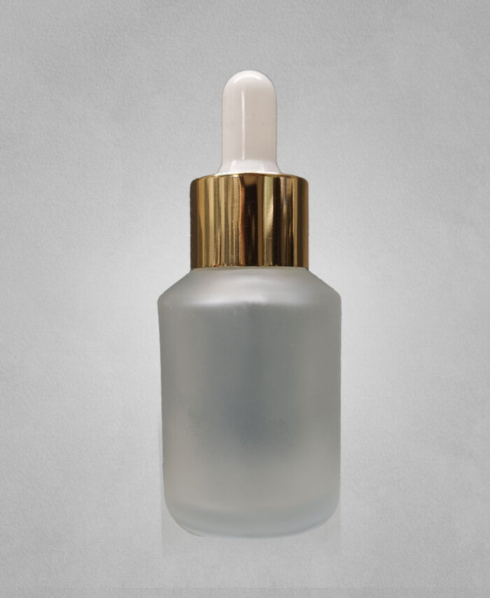 30ML TAPPER BOTTLE-FROSTED CLEAR WITH WHITE GOLDEN DROPPER