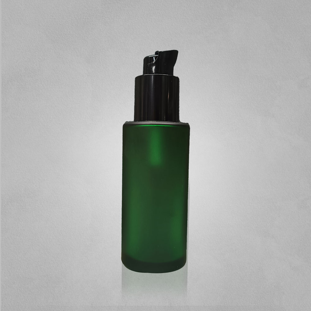 50ML FLAST SHOULDER BOTTLE-FROSTED GREEN WITH 20MM BLACK SERUM PUMP-IMPORTED