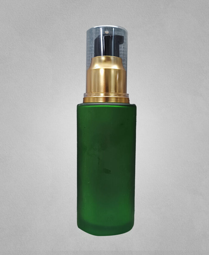 50ML FLAT SHOULDER BOTTLE-FROSTED GREEN WITH 20MM BLACK GOLDEN LGB SERUM PUMP-IMPORTED