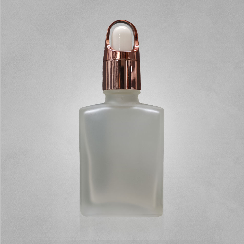 30ML FLAT SQUARE BOTTLE-FROSTED CLEAR WITH 18MM WHITE ROSE GOLD BASKET DROPPER