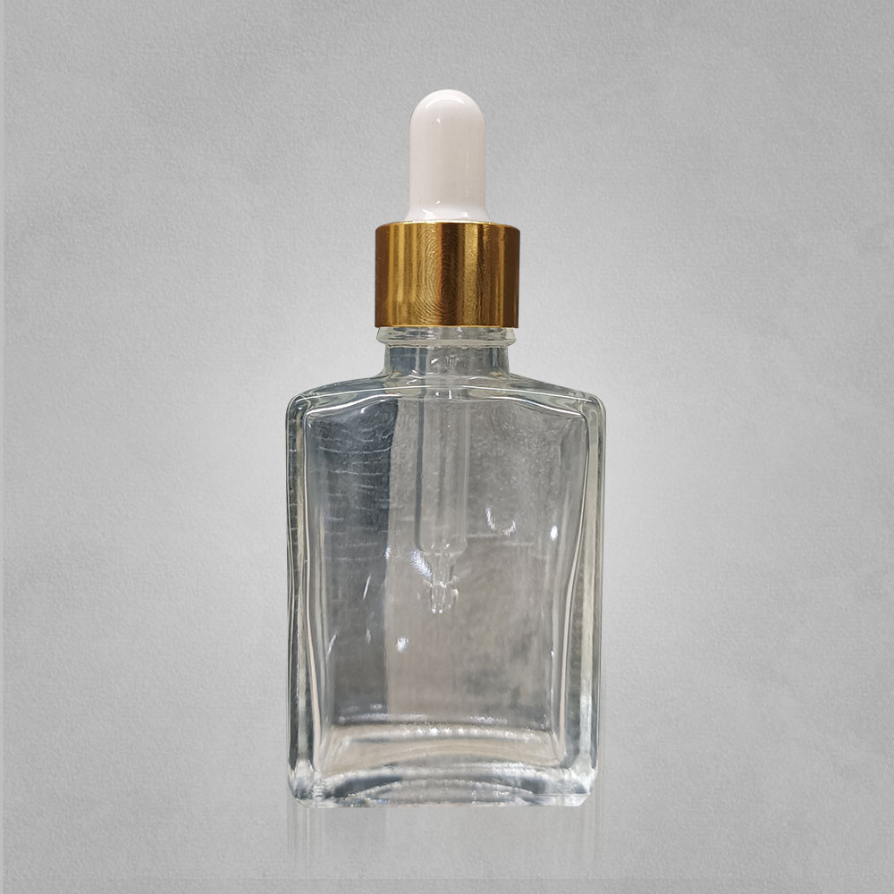 30ML FLAT SQUARE BOTTLE-CLEAR WITH 18MM WHITE GOLDEN DROPPER
